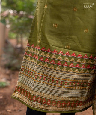 Verdant Royalty Chanderi Silk Kurti with Puff Sleeves & Shawl
