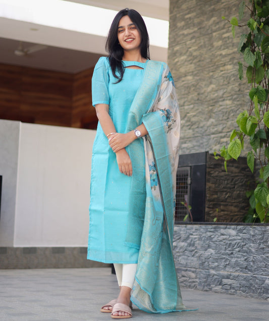 Teal Tapestry - Sky Blue Kurti With Banaras Shawl