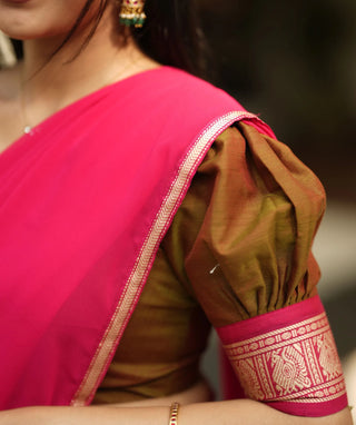 Olive Brown Handloom Half Saree with Rani Pink Dupatta
