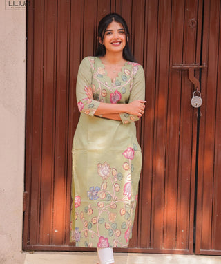 Sage Blossom Cotton Kurti – 3/4 Sleeves Everyday Wear