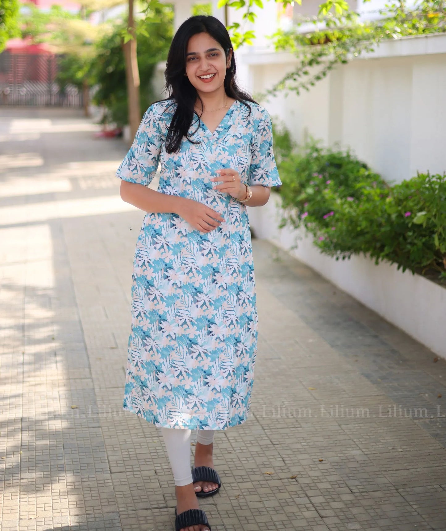 Sky Blue Floral Cotton Kurti - Traditional Elegance