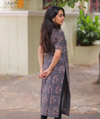 Mauve Slate Bloom Cotton Kurti with Elbow Sleeves