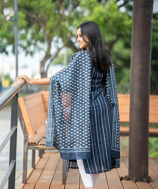 Indigo Blue Striped Kurti with Shawl in Raw Silk Fabric