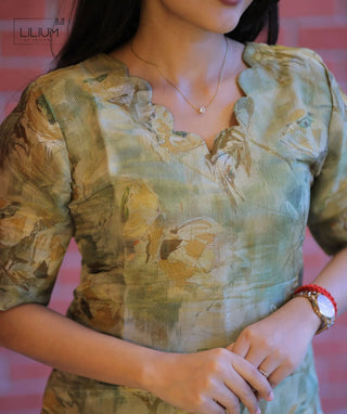 Olive Dew Shimmer Muslin Kurti – Elegant Elbow Sleeves