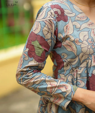 Cotton Kalamkari Kurti - Dusty Blue | Casual Wear