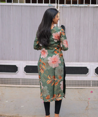 Olive Bloom Whisper Shimmer Muslin Kurti – 3/4 Sleeves