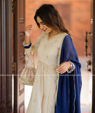 Cream Anarkali Suit with Shawl - Tissue Silk