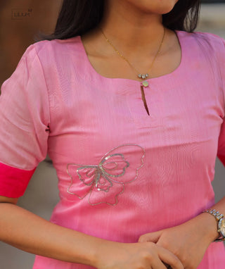 Flamingo Petal Mist Chanderi Kurti with Hand Embroidery