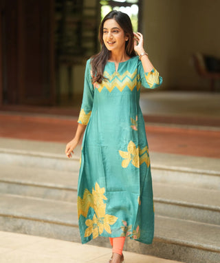 Turquoise Blue Muslin Aline Kurti - Handcrafted Embroidery