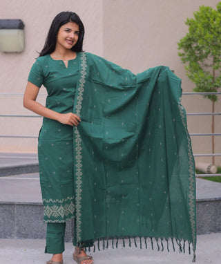 Emerald Sage Cotton Handloom 3-Piece Set with Pockets