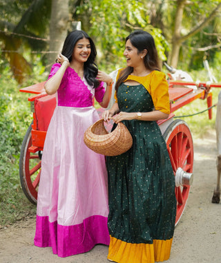 Festive Maxi Dress in Light & Dark Pink Chanderi Silk