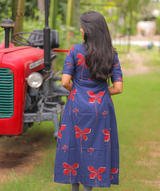 Berry Indigo Cotton A-Line Kurti with Elbow Sleeves