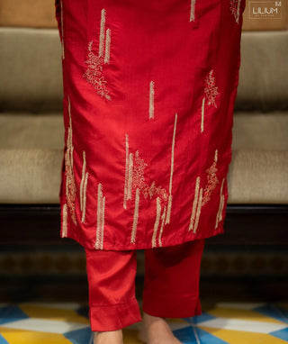 Bold Red Muslin 3 Piece Set with Zari Embroidery