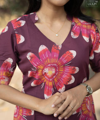 Crimson Dahlia Wine Cotton Kurti with Elbow Sleeves