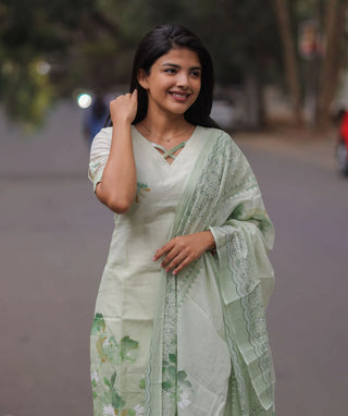 Mint Blossom Whisper Soft Cotton Kurti with Shawl