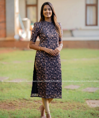 Navy Blue Manipuri Kurti – Casual Floral Dress