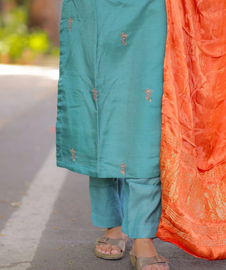Ocean Coral Blossom Muslin Silk Festive 3 Piece Set