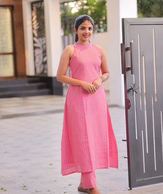 A-Line Pink Checked Co-ords in Cotton Handloom