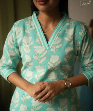 Seafoam Blossom Cotton Co-ord Set with 3/4 Sleeves