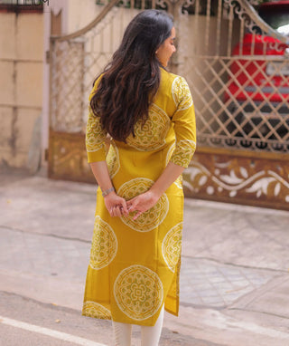 Mustard Gold Cotton Kurti – 3/4 Sleeve Casual Wear