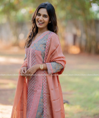 Elegant Peach and Grey Chanderi 3-Piece Set with Lining | LL17