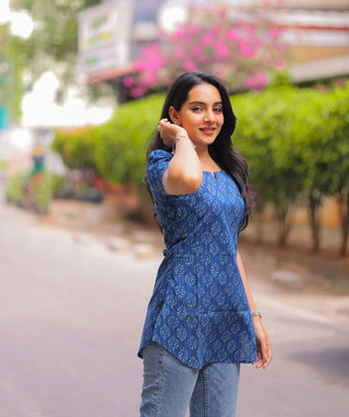 Azure Blue Handblock Cotton Short Top – Casual Wear
