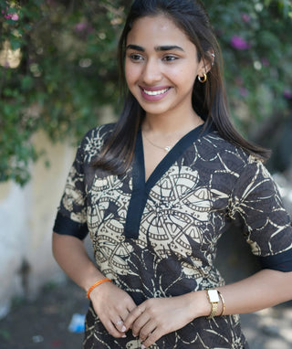 Midnight Dune Blossom Handblock Cotton Kurti – Elbow Sleeve