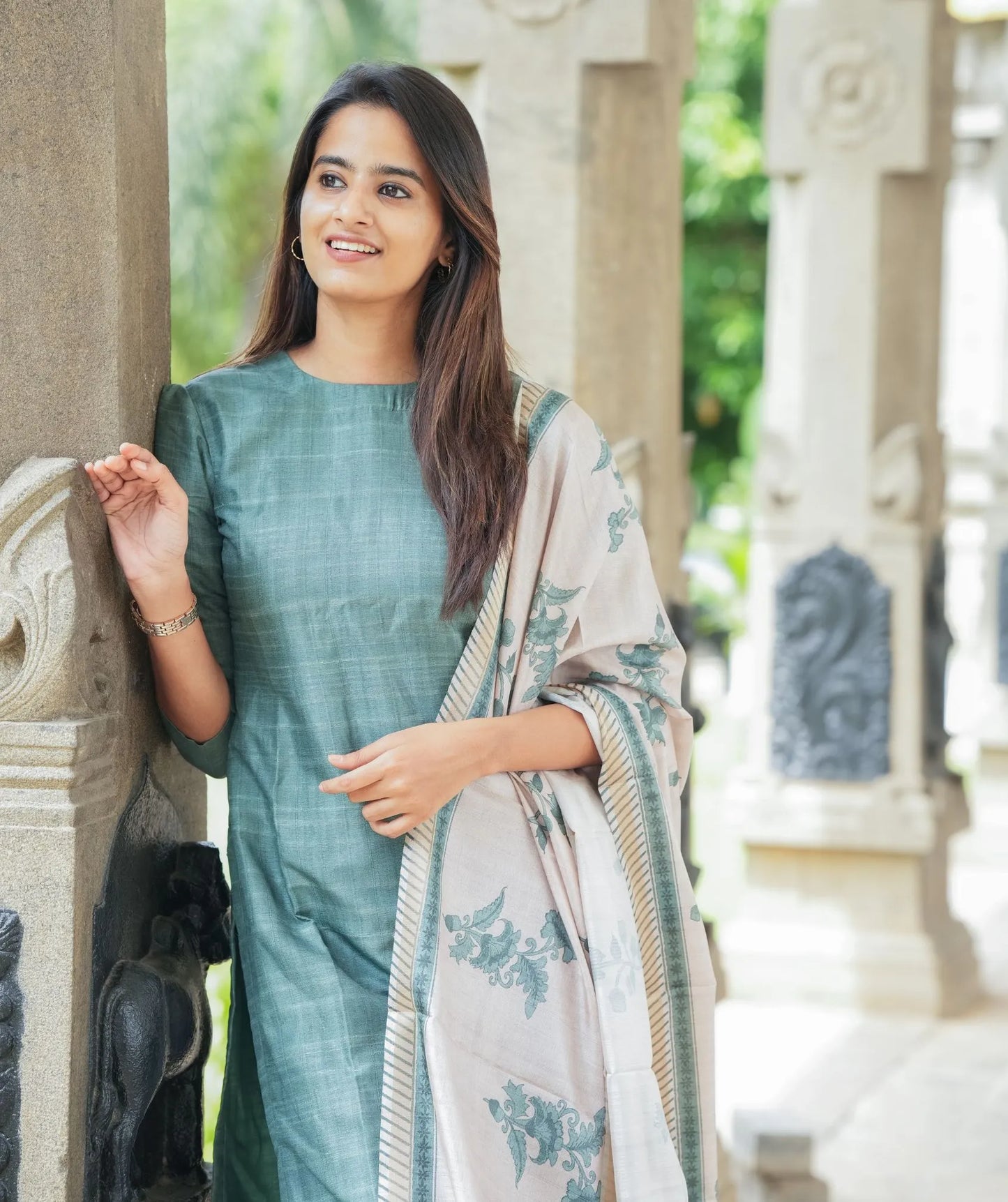 Sage Green Tussar Kurti with Shawl - Traditional Attire