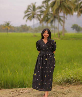 Midnight Black Mul Cotton Maxi with Blossom Embroidery
