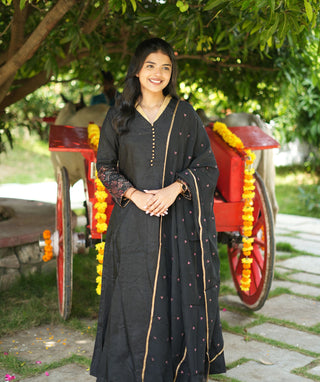 Festive Black and Gold Tussar Silk 3-Piece Set with Embroidery