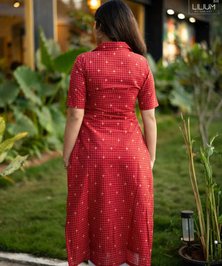 Crimson Check Cotton Kurti with Elbow Sleeves – Everyday Comfort