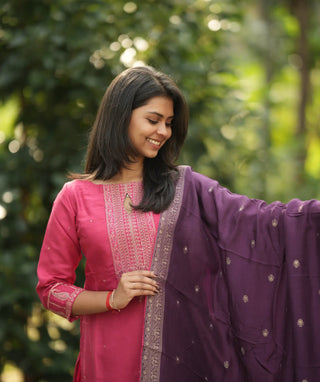 Fuchsia Grace Muslin Silk 3-Piece Set With Open Slit