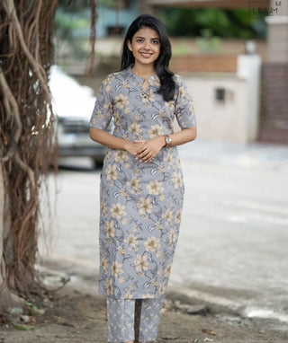 Grey Floral Cotton Co-ords with Pockets