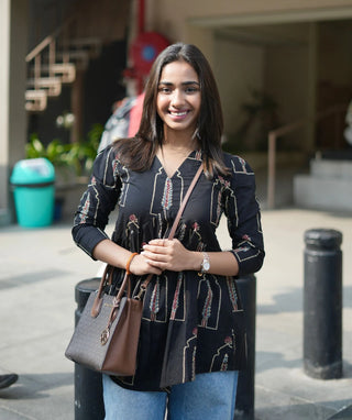 Midnight Lotus Noir Cotton Short Top – 3/4 Sleeves