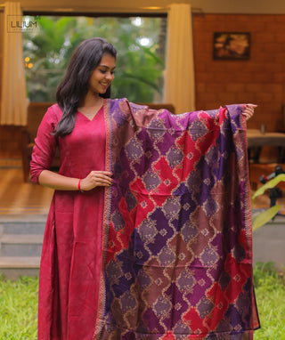 Velvet Rouge Russian Silk A-Line Kurti With Shawl