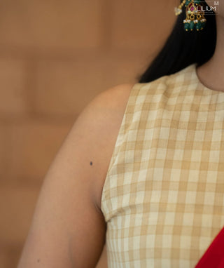 Royal Ecru Checks Cotton Handloom Crop Top Skirt Set