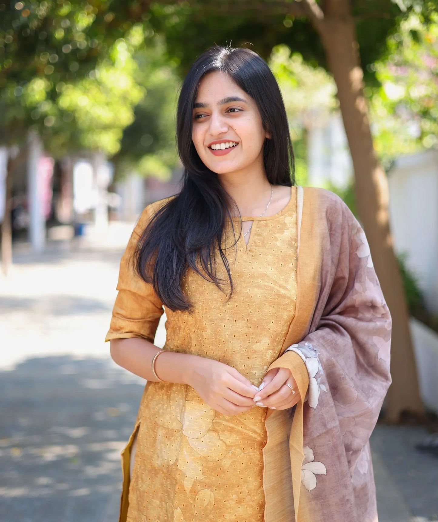 Golden Yellow Hakoba Kurti With Shawl