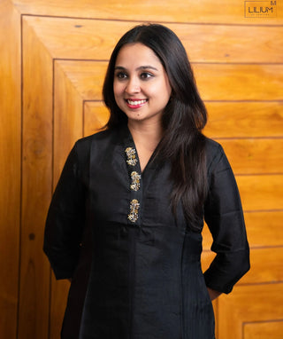 Midnight Onyx Pearl Hand Embroidered Muslin Festive Kurti