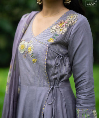 Ash Lavender Muslin Silk 3-Piece Set with Pockets