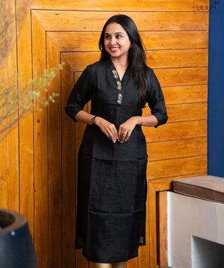 Midnight Onyx Pearl Hand Embroidered Muslin Festive Kurti