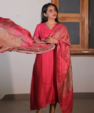Raspberry Rose Blush Hand Embroidered Kurti with Shawl