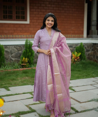 Lavender Semi-Rawsilk 3-Piece Festive Set - Anarkali