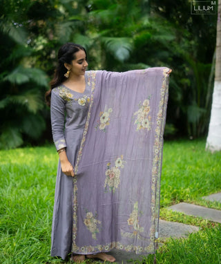 Ash Lavender Muslin Silk 3-Piece Set with Pockets