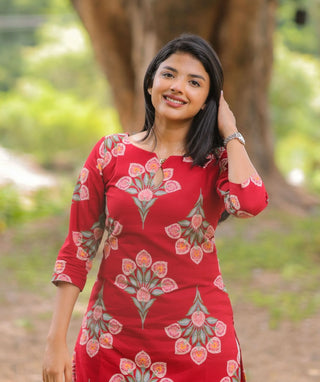 Ruby Blossom Cotton Kurti for Women | 3/4 Sleeve Elegance