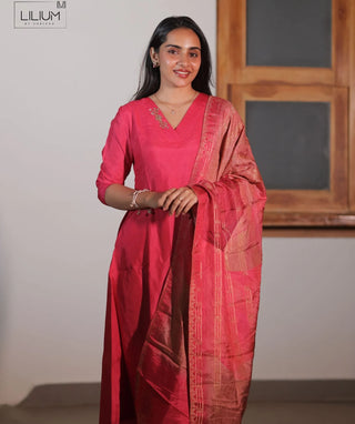 Raspberry Rose Blush Hand Embroidered Kurti with Shawl