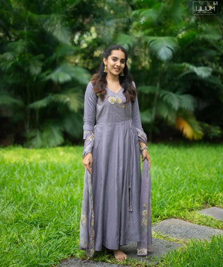 Ash Lavender Muslin Silk 3-Piece Set with Pockets