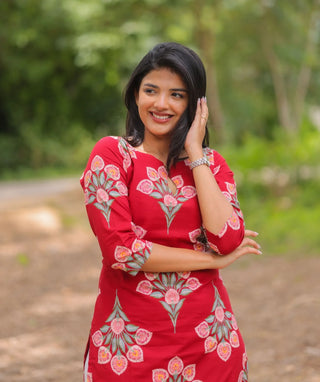Ruby Blossom Cotton Kurti for Women | 3/4 Sleeve Elegance