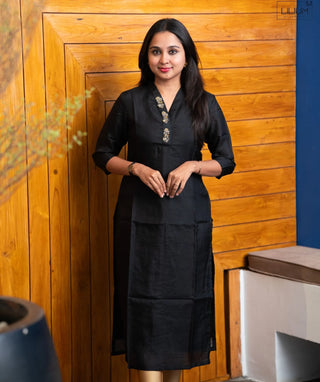 Midnight Onyx Pearl Hand Embroidered Muslin Festive Kurti
