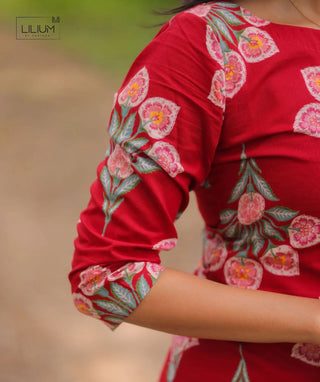 Ruby Blossom Cotton Kurti for Women | 3/4 Sleeve Elegance