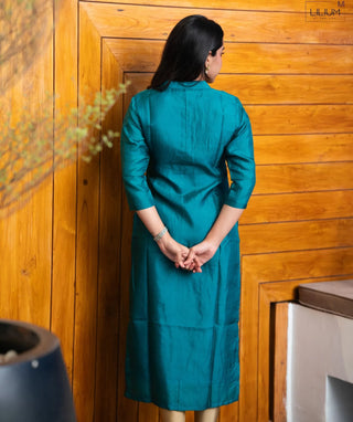 Royal Lagoon Teal Hand Embroidered Muslin Festive Kurti